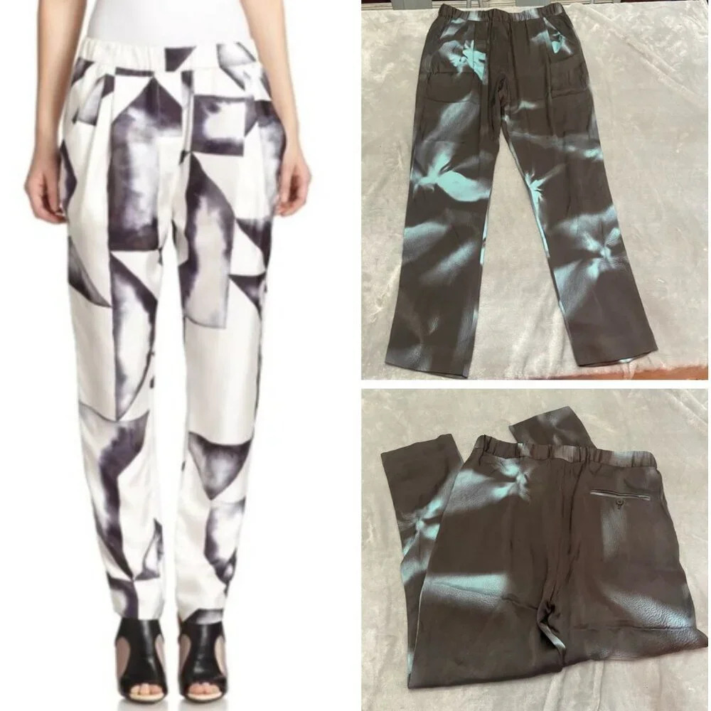 3.1 Phillip Lim Printed Draped Silk Pants Black Blue 21469